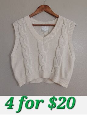 PINK ROSE White Cable Knit Cream Sweater Vest V-neck Sleeveless Top Size Large